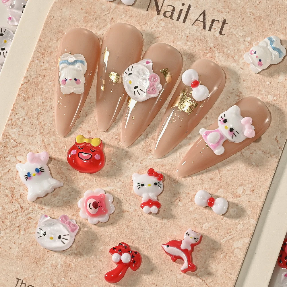50g(120-150Pcs)3D Red/White Cartoon Kittty Cat Nail Charms With Dolphin/Coconut Tree Red Kitty Cat Nail Art For Kawaii Girl Nail