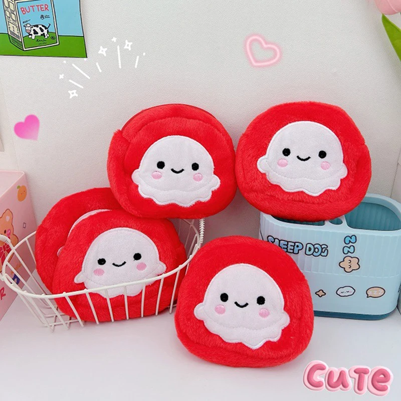 1Pcs Cute Cartoon Red Octopus Plush Coin Purse Portable Mini Zipper Wallet With Keychain Earphone Key ID Credit Card Storage Bag