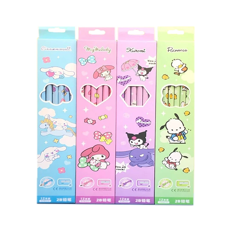 Sanrio Pencil 12Pcs/Box Melody Kuromi Cinnamoroll 2B Black Write Draw Pencils Primary Students Stationery School Children Gift