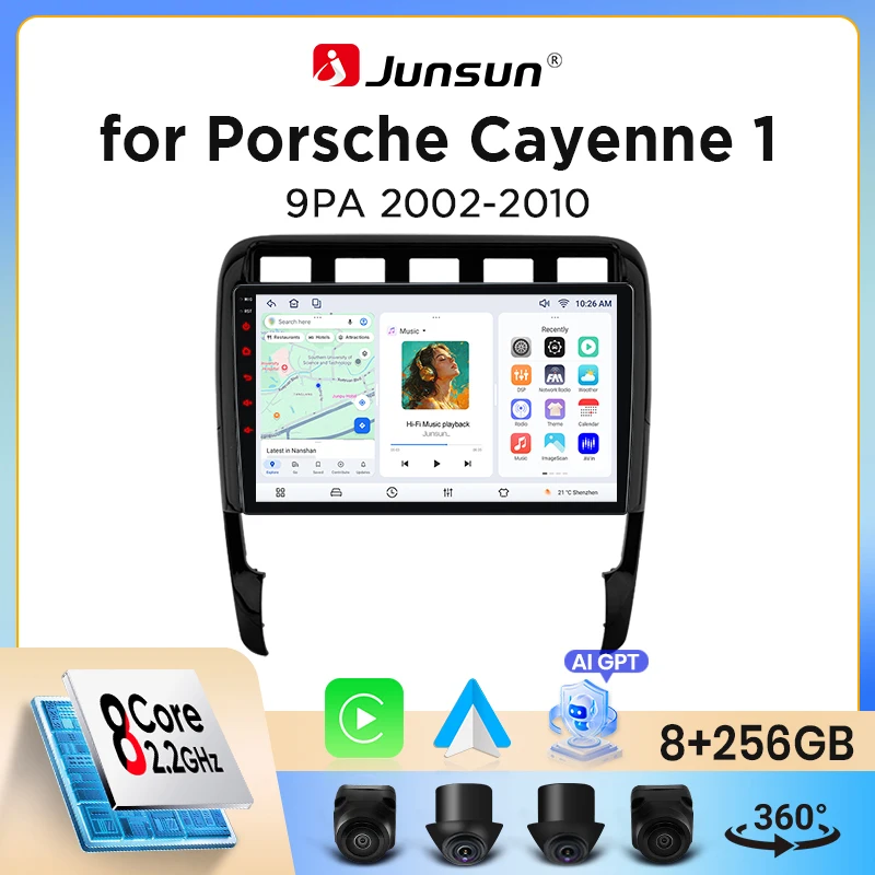 Autoradio Junsun sans fil CarPlay Android Auto pour Porsche Cayenne Mk1 (9PA) 2002-2010 avec ventilateur de refroidissement intégré, navigation GPS Android, lecteur multimédia, WiFi, DSP, RDS, BT,