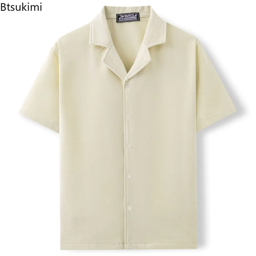 New 2025 Men's Summer Top Textured Suit Collar Short Sleeve Shirt for Men Fashion Streetwear Casual Loose Solid Color Shirt Male