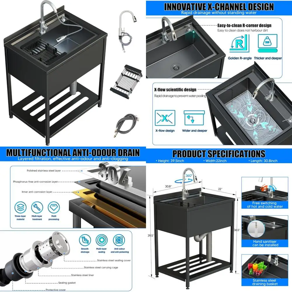 

Commercial Grade 30 Inch Stainless Steel Utility Sink with Single Bowl, Cold and Hot Water Faucet, Hoses, and Drain Kit for Kitc