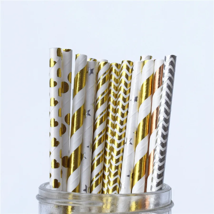 Gold Rose Gold Paper Straws Strip Dot Drinking Straw Disposable Tableware Party Supplies Wedding Birthday Party Decoration Kids