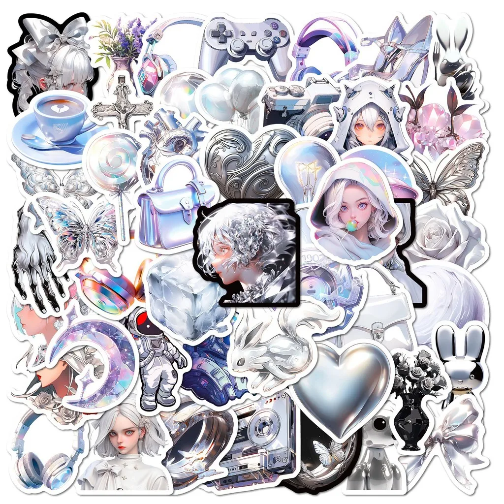 50-Pack Silver Metallic Stickers | Kawaii Korean Ins Aesthetic Decals for Teens Shiny Girly Heart Design RecordingYourLife Store