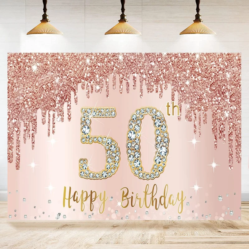 Happy 50th Birthday Party Banner Photography Backdrop Decoration For Women Rose Gold Sign Pink Fifty Birthday Poster Background