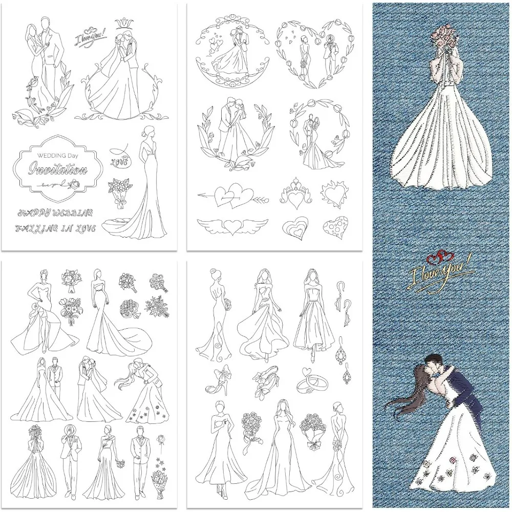 Water Soluble Embroidery Patterns for Beginners 4 Sheets with 49pcs Wedding Groom Bride Patterns, Happy Wedding Wash Away