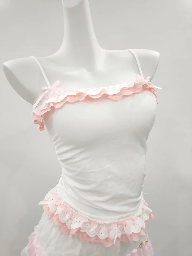 Cute Crop Top Women Summer Bows Decoration Two Layers of Lace Trim Lolita Style Cropped for Sweet Girls Kawaii Clothes