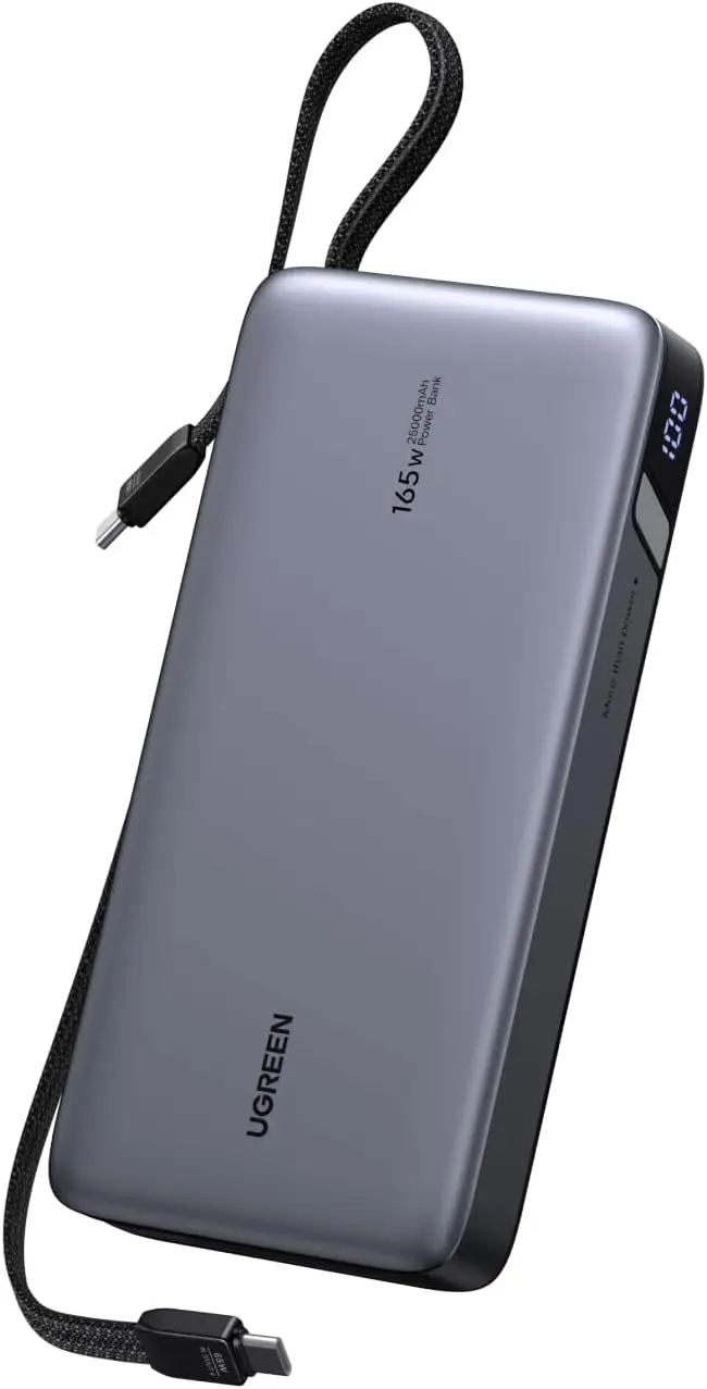 25000mAh 165W Laptop Portable Charger with 2 Built-in USB-C Cables, 90Wh Fast Charging Business Travel Battery Pack for MacBook Pro/Air/iPad/iPhone 17/Samsung/Dell/HP/Lenovo