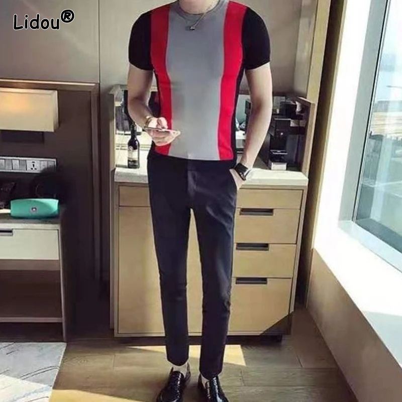 2023 Men\'s Clothing Short Sleeve Pullovers Handsome Thin Summer Patchwork Round Neck Fashion Striped Casual Straight T-Shirts