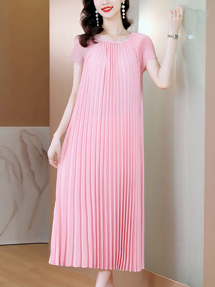 

Women Pink Pleated Short Sleeve Long Dress Summer New Fashion Elegant Loose Waist Dress 2023 Korean Vintage Luxury Evening Dress