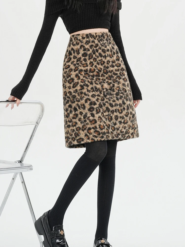 Y2K Vintage Leopard Skirt Women Faux Woolen Slim Streetwear Midi Skirts Retro American Casual Harajuku High Waist Warm Skirts