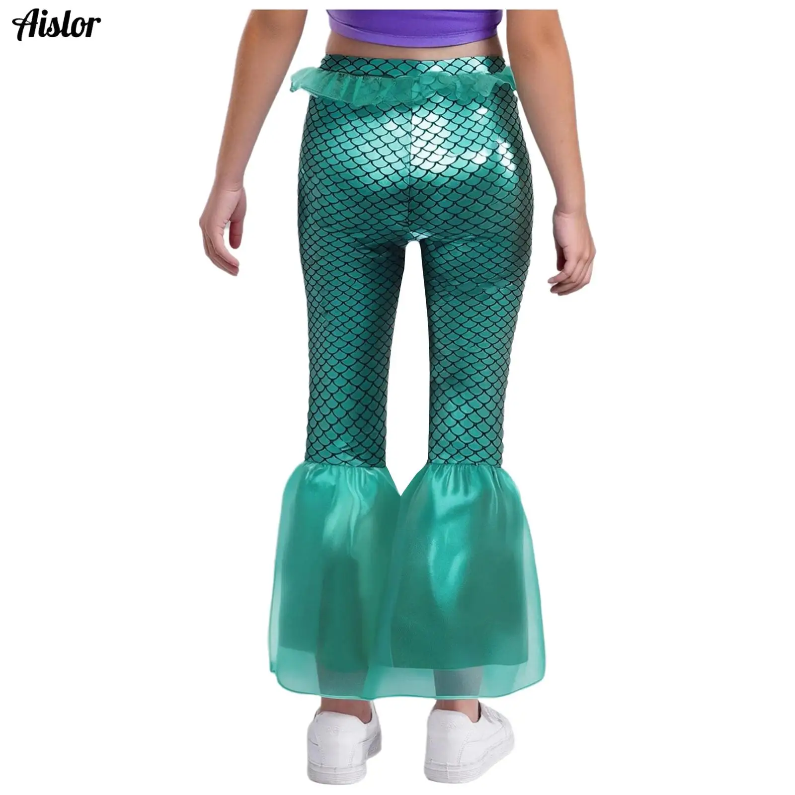Girls Glossy Metallic Bell Bottoms Pants Leggings Shiny Flare Trousers Halloween 70s Disco Jazz Ballet Dance Mermaid Costume