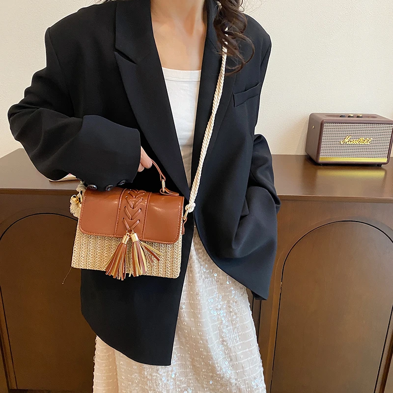 Strand Stroh Umhängetasche für Frauen neue Designer Boho Sommer tasche Pu Leder Handtasche und Geldbörse Reise Umhängetasche – Detail 24