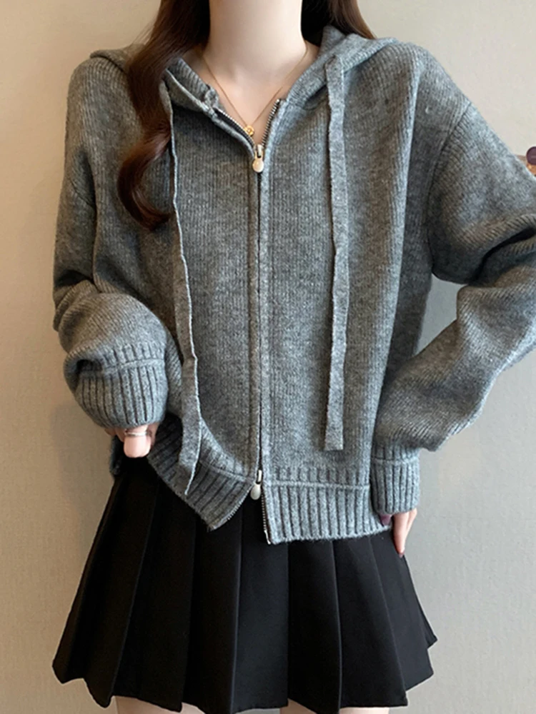 

Women's Long Sve Knitted Hat Dstring Sweater Autumn Winter Loose Base irt Open Cardigan Top Korean Sle Casual Simple