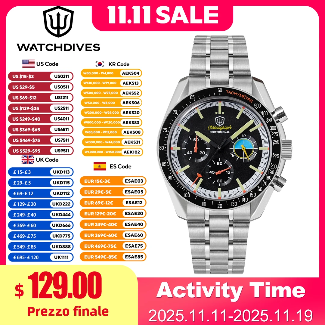 Watchdives WD1863 39 مللي متر VK63 ساعة كرونوغراف OTF المشبك الاجتياح حركة الكوارتز الياقوت مضيئة 100 متر ساعات مقاومة للماء