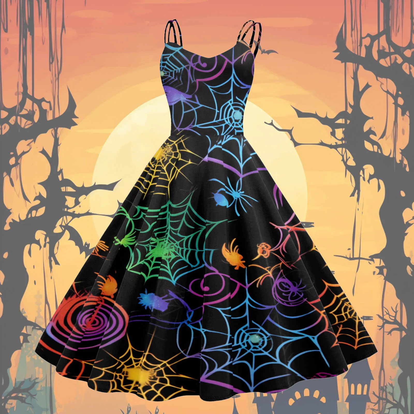 

Women Halloween Dress Print Sleeveless Cobweb Print Carnival Festival Evening Party Prom Dress Elegant Gothic Camisole Costumes