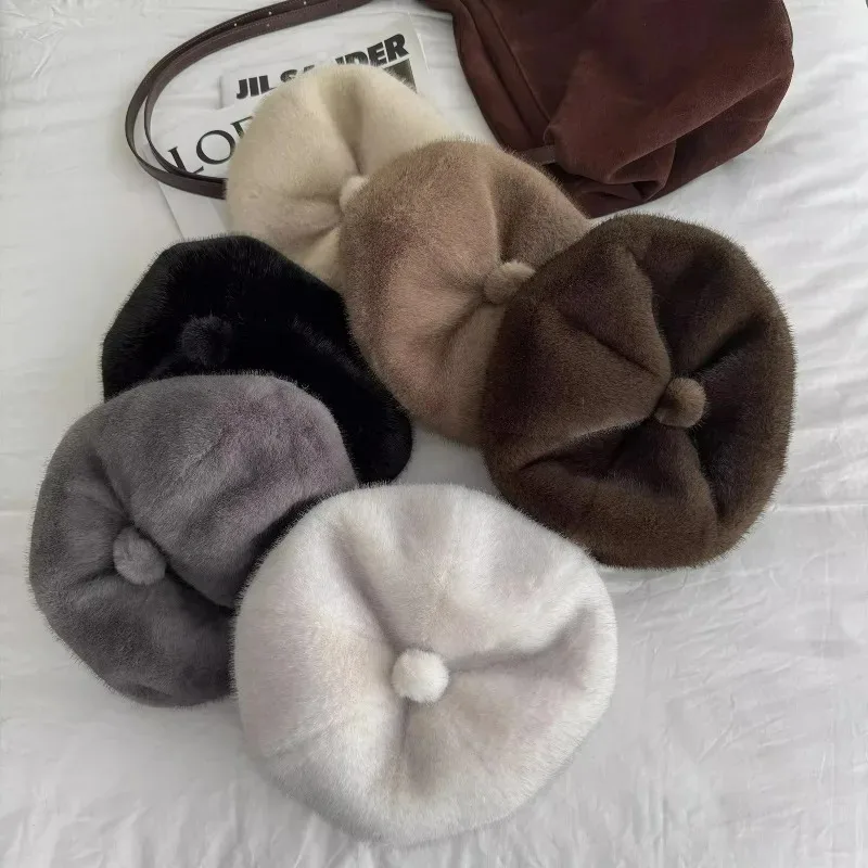 النساء فو فرو المنك القبعات أنيقة النساء قبعات الشتاء 2026 قبعات الفراء الفرنسي محبوك الدافئة تقليد فرو المنك بيني قبعات الهدايا #6