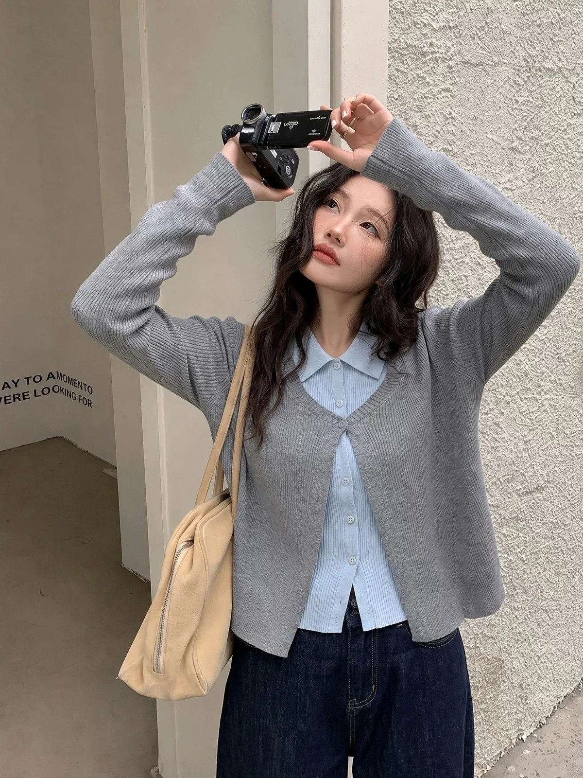 Korean Style Knitted Long Sleeve Fake Two-Piece Top for Women Light Maturity Autumn New Arrival Small Size Commute Friendly