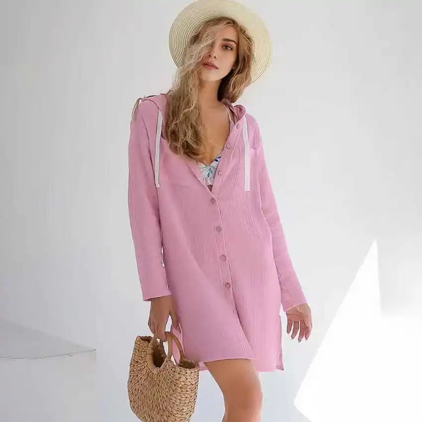 

Faionable Long Sve Single Button Sp Dr Home Clothes ort Skirt Pure Color Hooded Summer Home Faion Ladies Night...