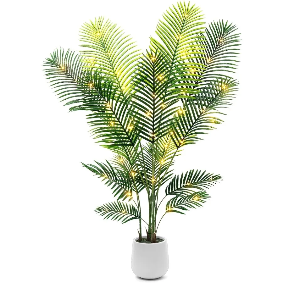 

6ft Artificial Palm Tree with LED Fairy Lights White Planter Lifelike Faux Tropical Areca Palm Plant with Realistic Trunk Adjus
