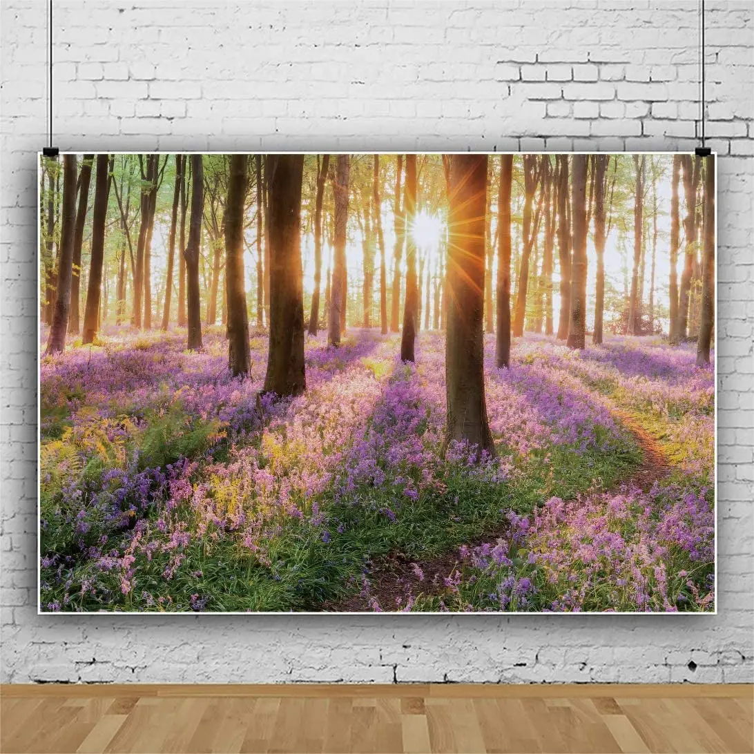 Sunshine Forest Purple Flowers Backdrop Green Trees Wildflowers Spring Summer Scenery Photography Background Decoration