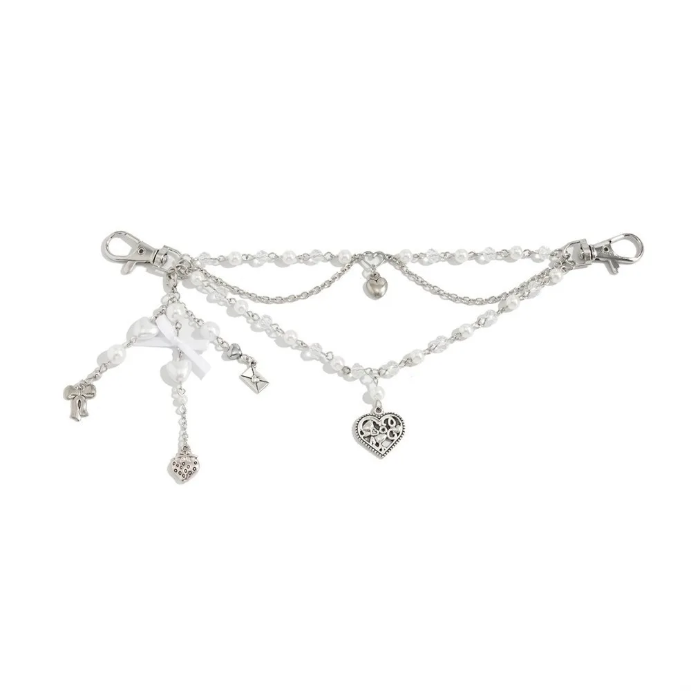 

Fashion Sweet Imitation Pearl Accessories Heart Trendy Acrylic Bag Chain Multi-layer Design Metal Material Beaded Keychain DIY