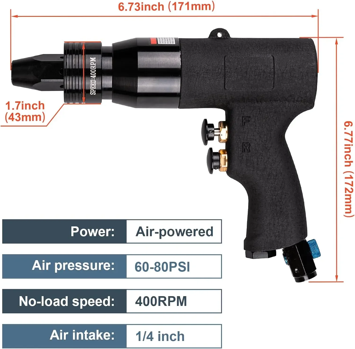 Rivet Nut Gun with 10-24 & 1/4 & 5/16 & 3/8 Self-Locking Head, Adjustable Speed Air Rivet Gun, Air Rivet Nut Tool Kit