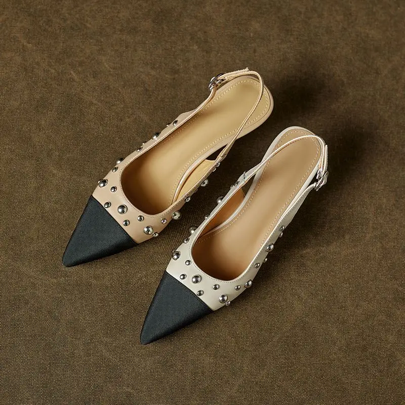 SIMLOVEYO Apricot Full Grain Leather Women Sandals Pointed Toe 5.5cm Thin Heel Buckle Strap Rivets Mixed Color Sexy Dating Shoes