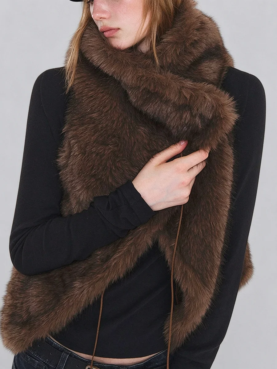 LIMO Women Cross Wrap Faux Fur Shawl Vest Drawstring  Warm Sleeveless Winter Cape