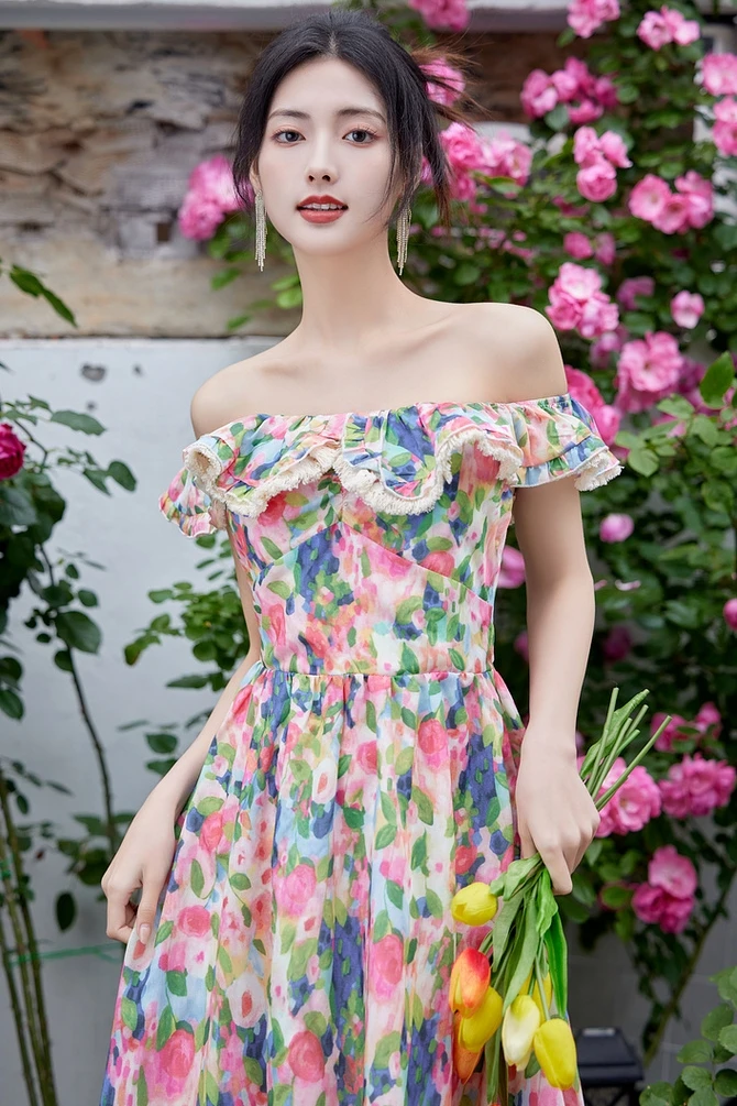 

Женское летнее платье А-силуэта с цветочным принтом, на одно плечо, с завышенной талией, коротким рукавом-фонариком и застежкой-молнией