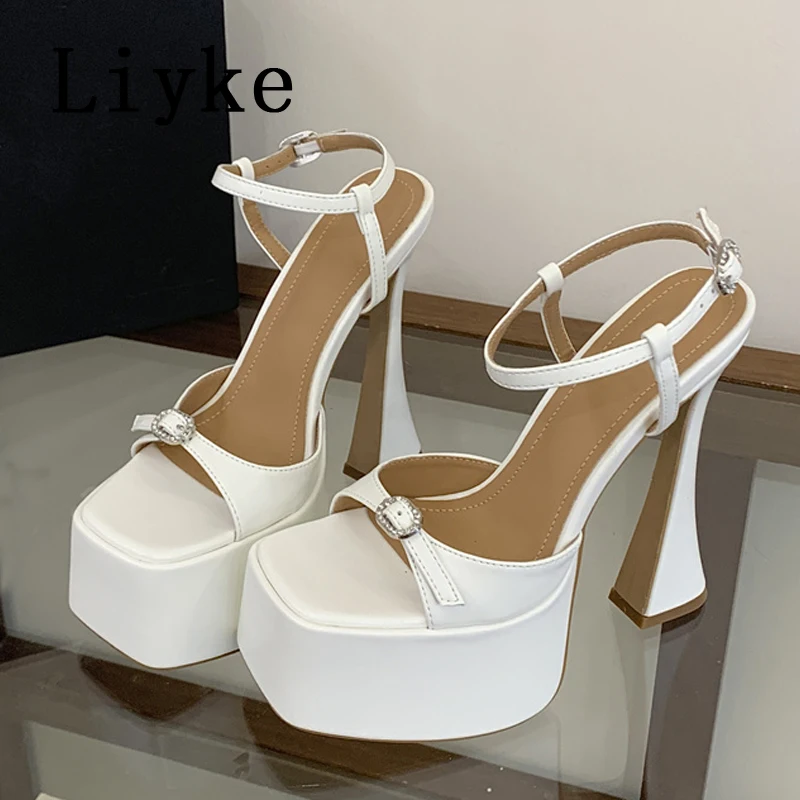 

Новые модные женские босоножки Liyke на платформе с кристаллами и ремешком на щиколотке, белые туфли на высоком квадратном каблуке для свадьбы и банкета, размер 40