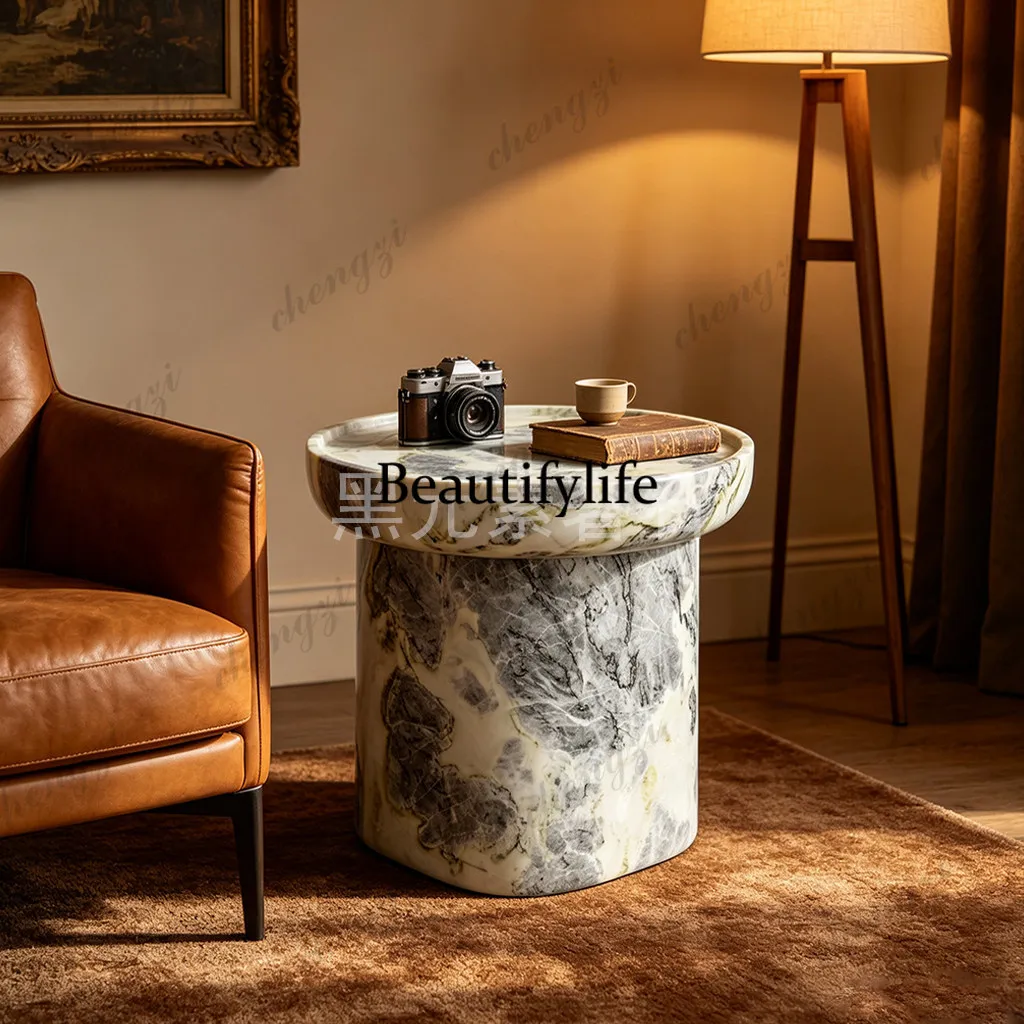 Light luxury travertine edge few designer model room living room sofa side small coffee table removable bedroom bedside table