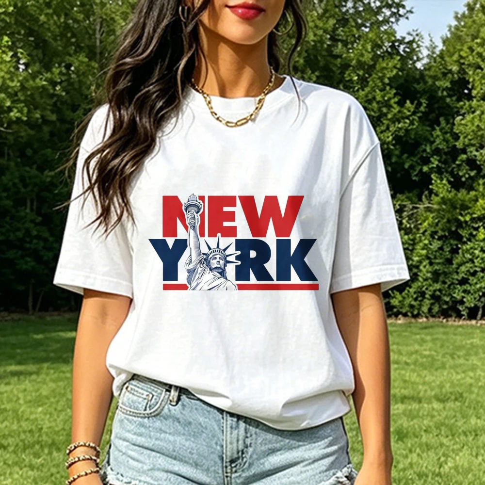 New York Color Block Graphic Tee Liberty Statue Bold Typography Urban Souvenir Men Women Cotton Tops Trendy Casual Wear Tshirt