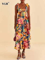 VGH Spliced Lace Up Printing Casual Dresses For Women Square Collar Sleeveless High Waist Backless Colorblock Dress Female New