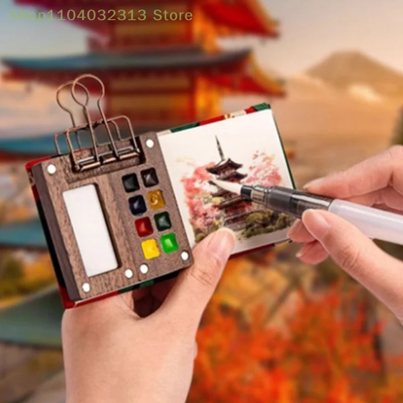 Travel-Friendly Walnut Wood Watercolor Sketchbook Palette with Paint Box and Clip image 3