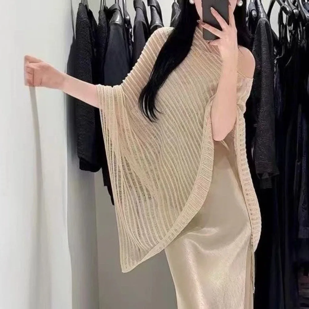 New Style Stripe Patchwork Crochet Hollow Top Loose Transparent Bohemian Shawl Irregular Thin Sunscreen Cover Up Beach