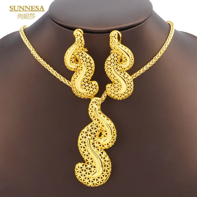 

SUNNESA Fashion Woman Necklace Simple Style Pendant Jewelry Set 18k Gold Plated Shiny African Earrings Gift Dubai Jeweller