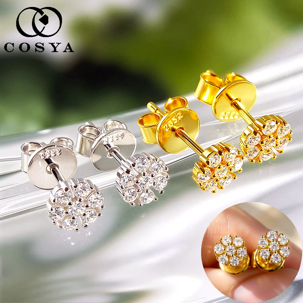 COSYA 1.5mm Moissanite Flower Earrings for Women S925 Silver Plated 18K Gold D Color Lab Diamond Dainty Fine Jewelry Gift