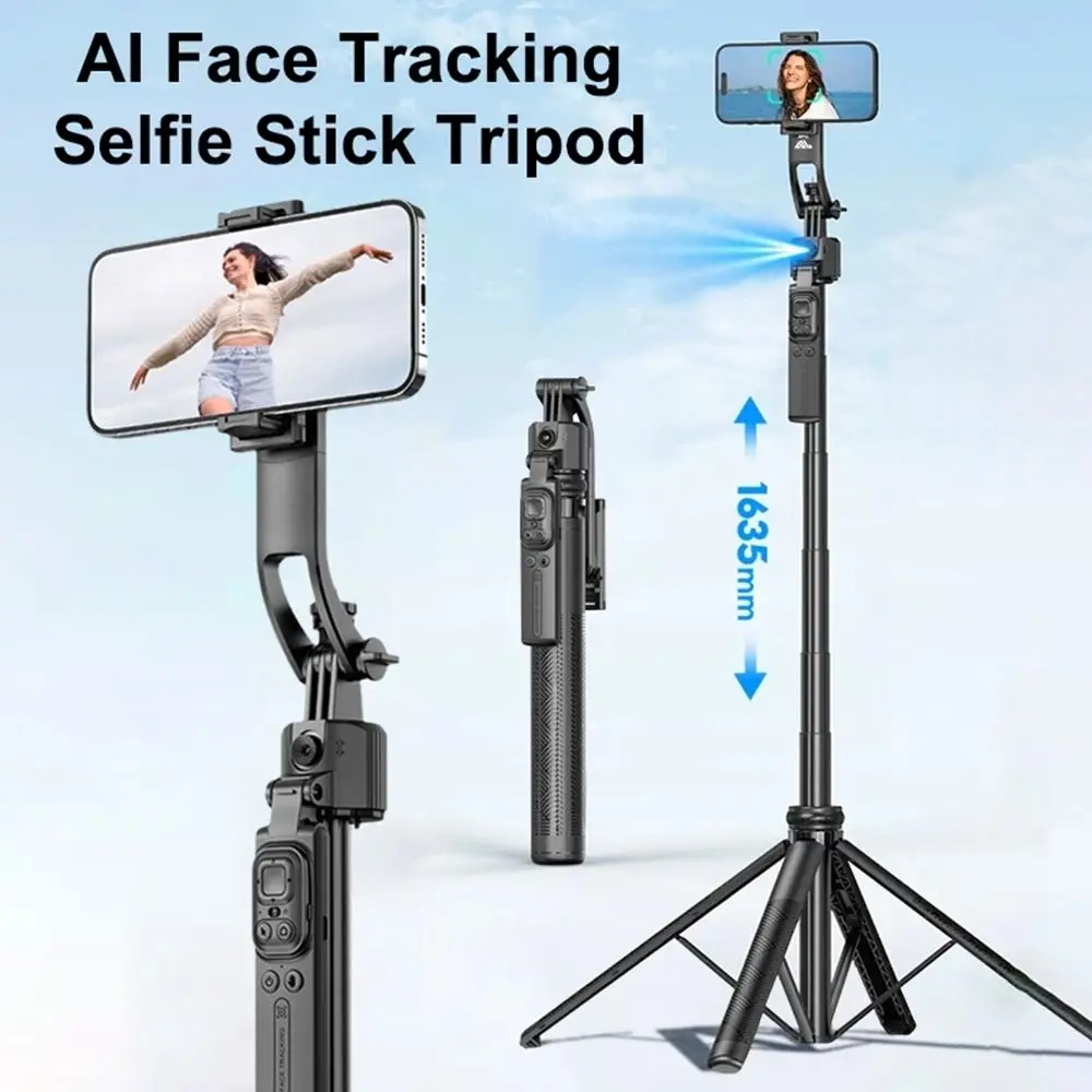 AI顔追跡自撮り棒三脚360 °   回転式リモートジンバルスタビライザー、フィルライト付きユニバーサルフォン三脚スタンド