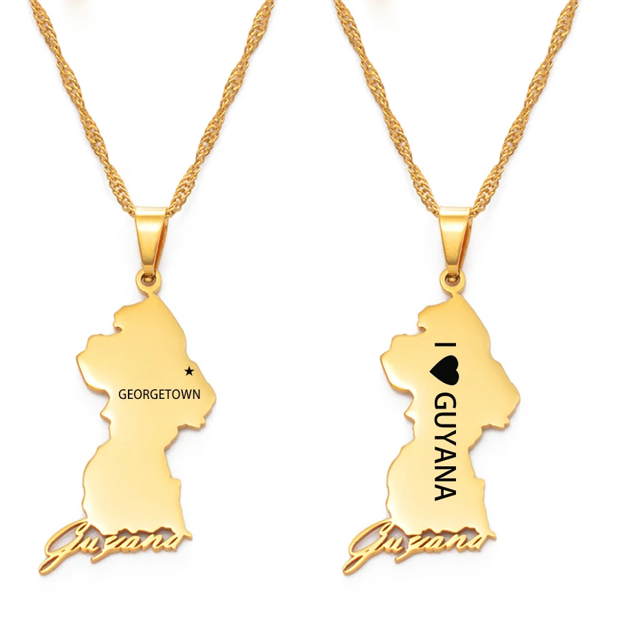 Anniyo I LOVE Guyana Map Naszyjnik Kobiety Dziewczęta, Capital Georgetown Biżuteria Republika Guyana # 159521