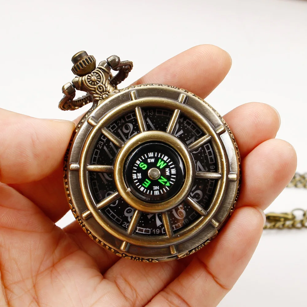 Bronze/Black/Silver Compass Decorative Design Men's Quartz Pocket Watch Punk Vintage Necklace Pockets Watches With Chain