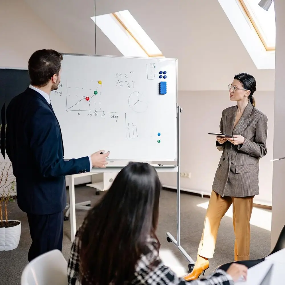 سبورة بيضاء مزدوجة الوظائف مقاس 48 × 36 مع سطح مغناطيسي و4 عجلات، وحامل مخطط قابل للطي، والمسح الجاف ولوحة الإعلانات