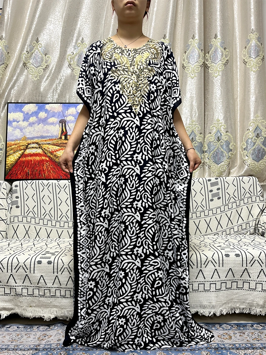 Muslim Abayas For Women Black Floral Printed Appliques Diamonds Loose Fit Femme Robe African Nigeria Dresses With Hijab Turban