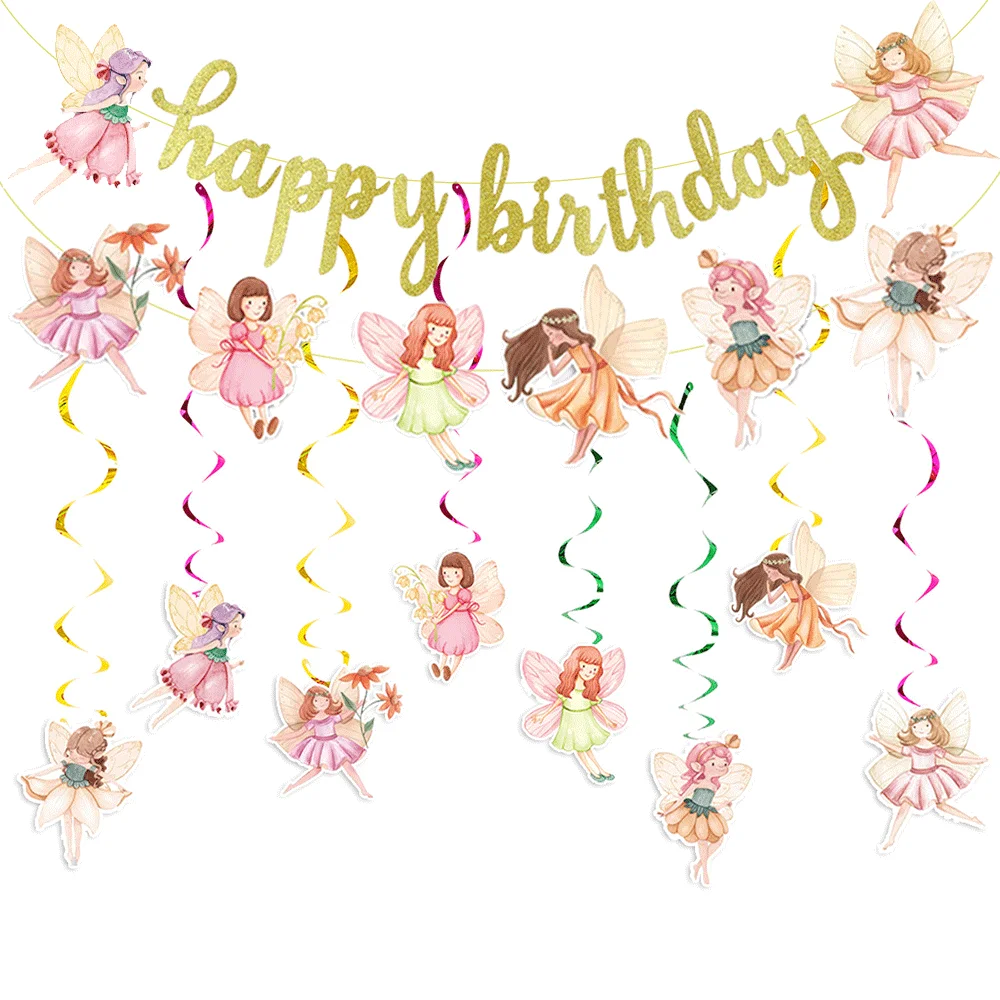 Feen-Geburtstagsparty-Dekoration, alles Gute zum Geburtstag, Banner, Feenpilz, zum Aufhängen, Wirbelflügel, Engel, Tortenaufsatz, Märchen, Babyparty – Detail 6