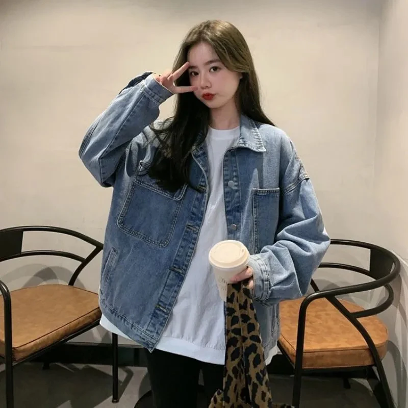 Vintage Denim Coat Women 2024 Spring Autumn Korean Single-Breasted Long Sleeve Casual Jean Jacket Student Loose outerwear T482