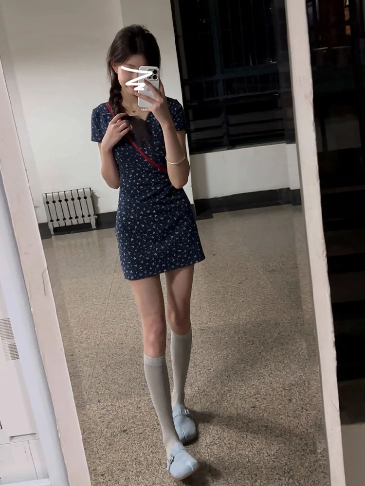 Retro V-Ne Bloemen ort Dr Dames Zomer Nieuwe Sle Hoge Taille Bodycon Dr Zachte Comfortabele Koreaanse Sle A-lijn S...