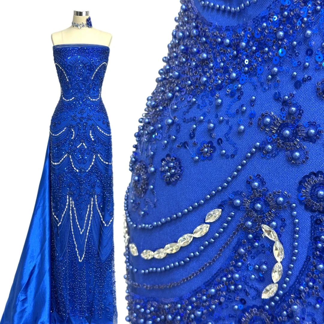 Blue Luxury Hand Beaded Lace Fabric for Bridal High-End Wedding Tulle with French Nigerian Sequins Beads Embroidery 5 Yards