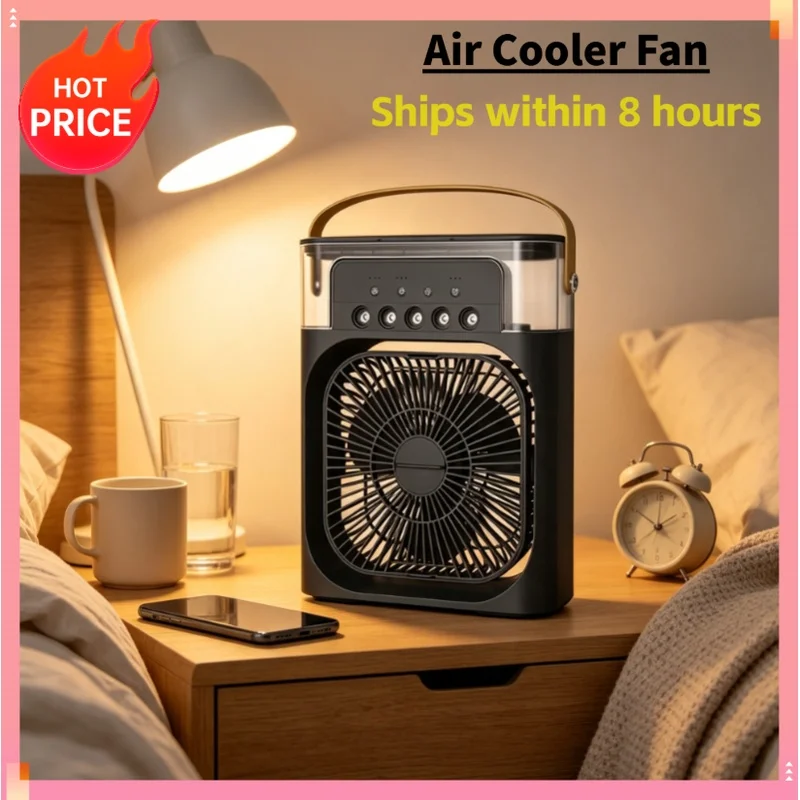 Portable Fan 3 in1 Humidifier Air Adjustment LED Light Household USB Chargeable Air Conditioner Office Moisturizing Fan