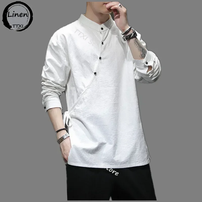 

Men’s Chinese Style Hemp Shirt Cotton Linen Tang Suit Hanfu Retro Stand-Up Collar Zen Clothes Harajuku tops Clothes Men Clothing