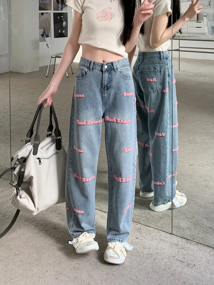 جينز مستقيم الساق بنطلون موضة ضوء زر جديد المرأة تنوعا الأدبية كسول Harajuku جينز نسائي